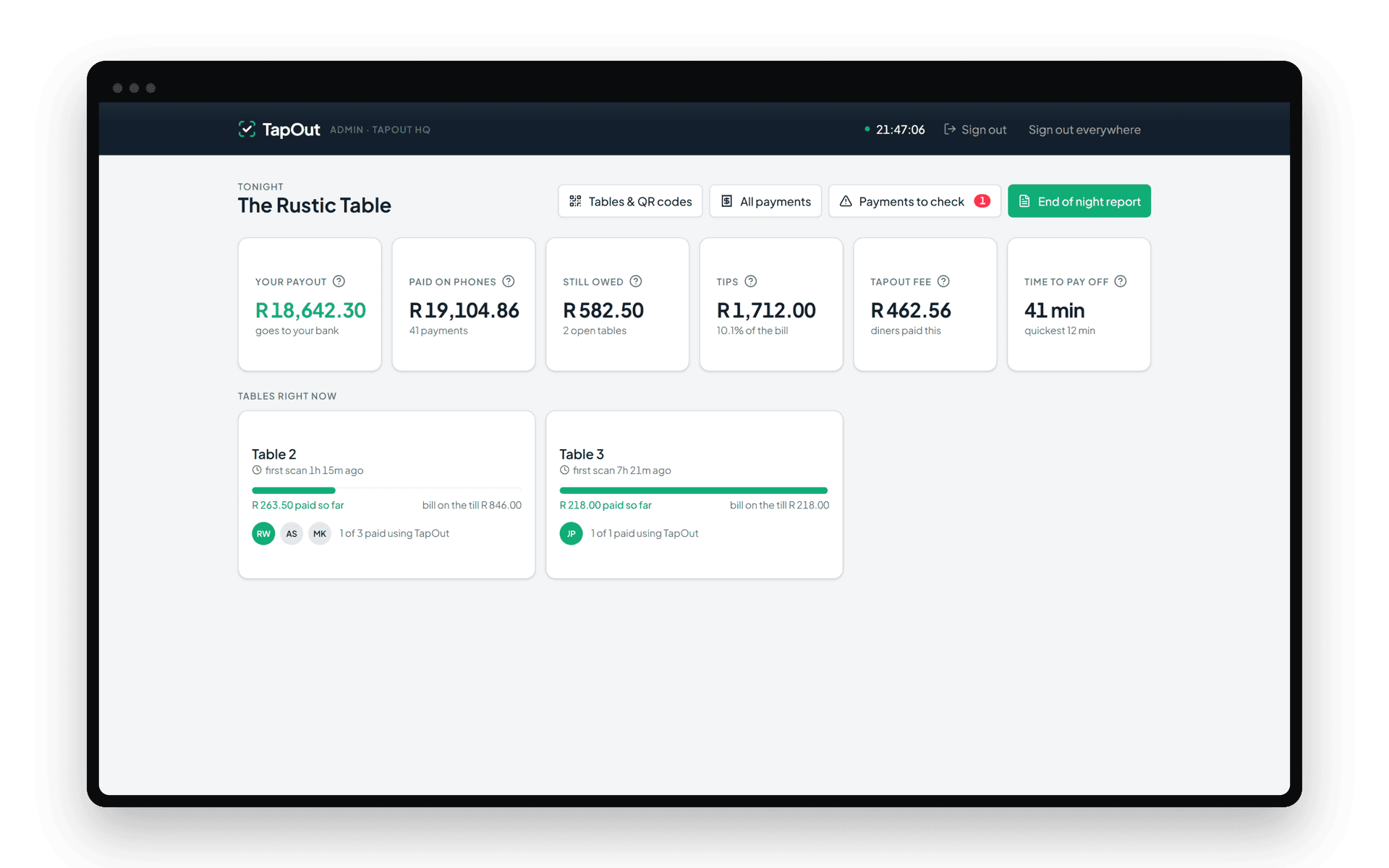 TapOut's admin portal on a laptop: one venue's night at a glance, with the payout to the bank, what was paid on phones, what is still owed, tips, the TapOut fee and the tables open right now
