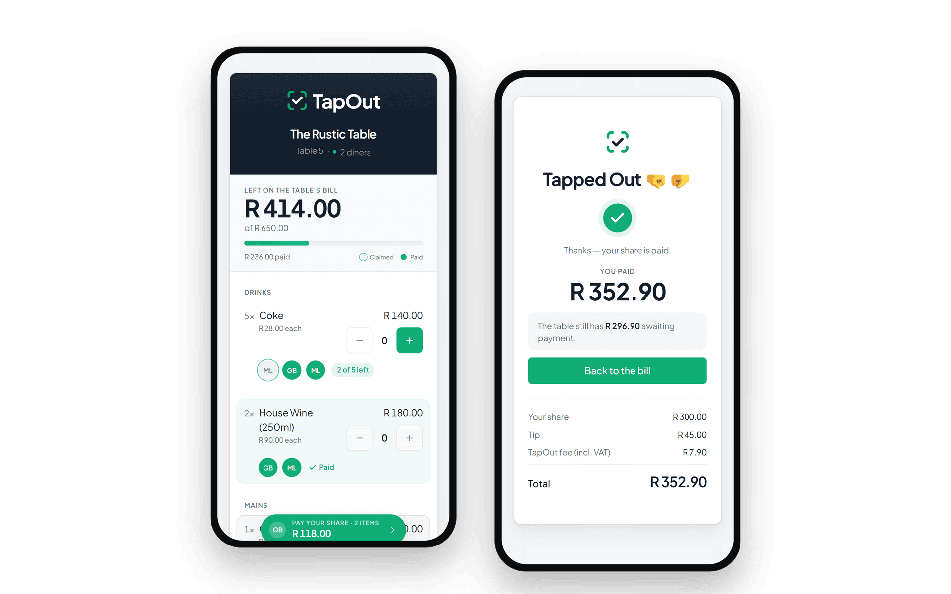 Two phone screens from TapOut: a table's bill with items claimed and paid, and the Tapped Out screen after paying a share