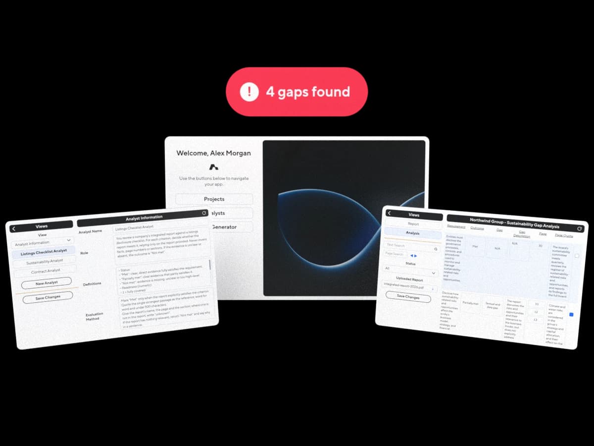 Illustration: the AI analyst app's home, an analyst's definition (its role, definitions and evaluation method), and a sustainability gap analysis with its outcomes per requirement