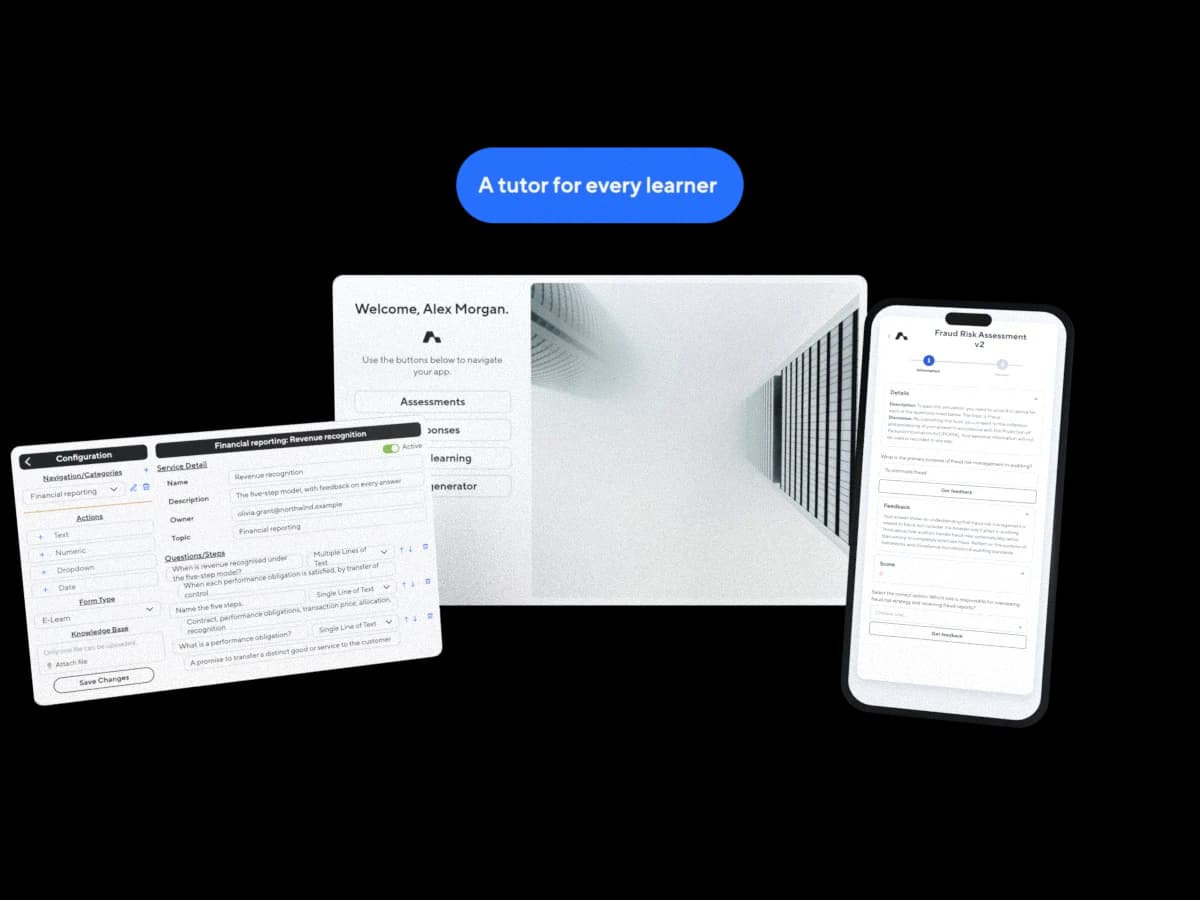 Illustration: AI Educator's admin home, an assessment's configuration, and the assessment on a learner's phone with the tutor's feedback and score