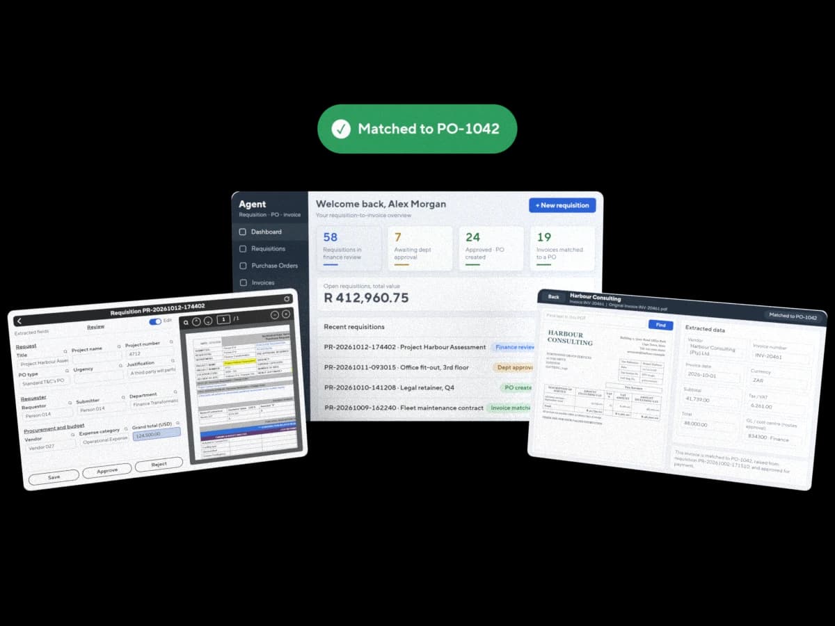 Illustration: the AP agent's dashboard of requisitions by stage, a requisition's extracted fields beside the request form with the total highlighted, and an invoice matched to its purchase order