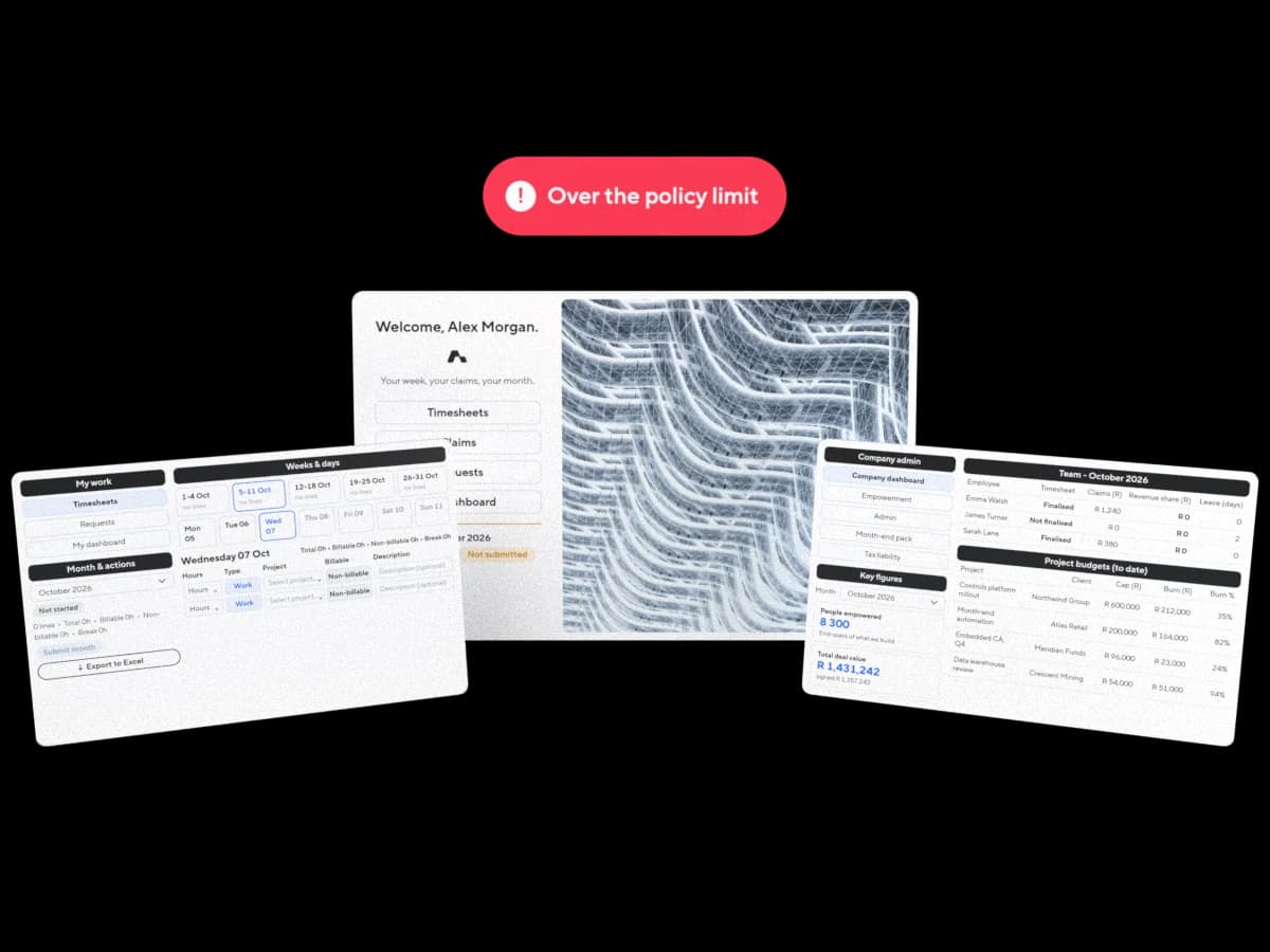Illustration: the timesheet app's home, a week's days and hour lines by project, and the company dashboard of the team's month
