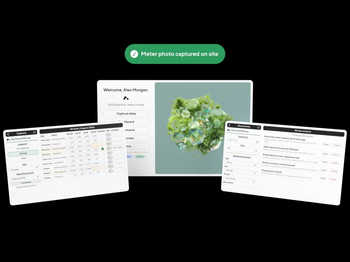 Illustration: the ESG Data Hub's home, the capture screen with each site's metrics month by month, and its evidence and policy documents