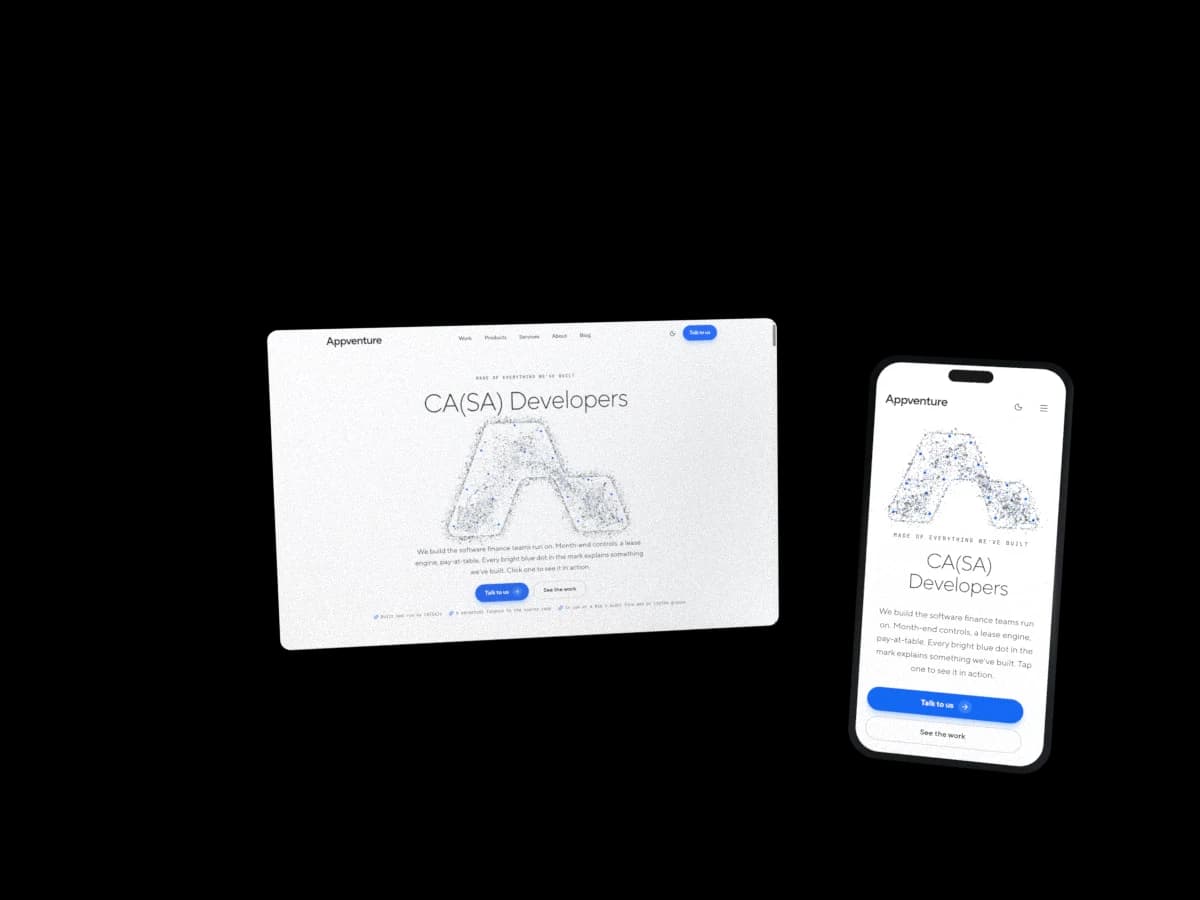 This site's landing page in its light theme, on a laptop-sized card and on a phone
